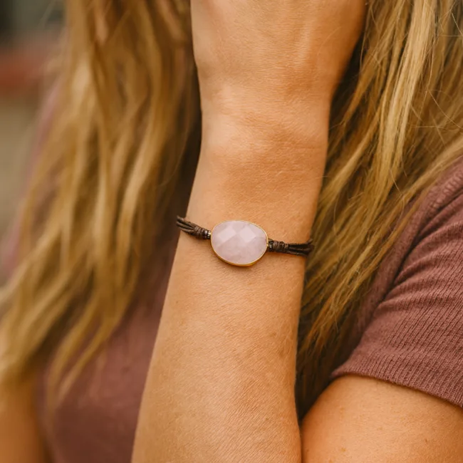 armband rozenkwarts donkerbruin waxcord