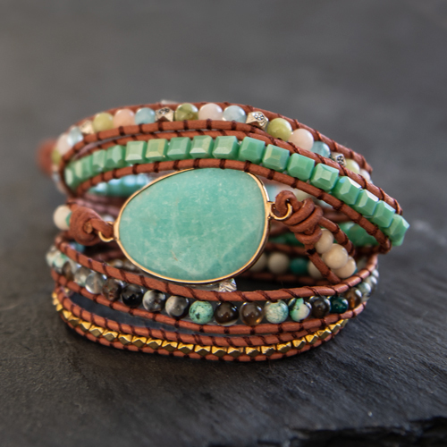 wikkel armband leer edelsteen turquoise amazoniet