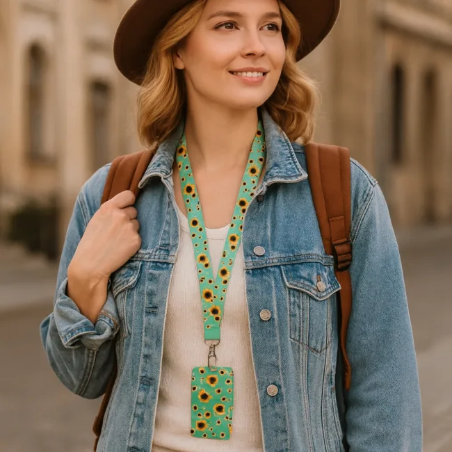 keycord met pashouder zonnebloemen groen