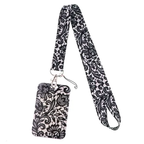 Keycord met Pashouder Black Flowers