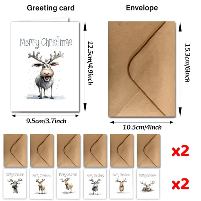 set 12 grappige kerstkaarten rendier