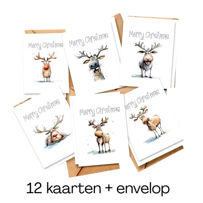 set 12 grappige kerstkaarten rendier