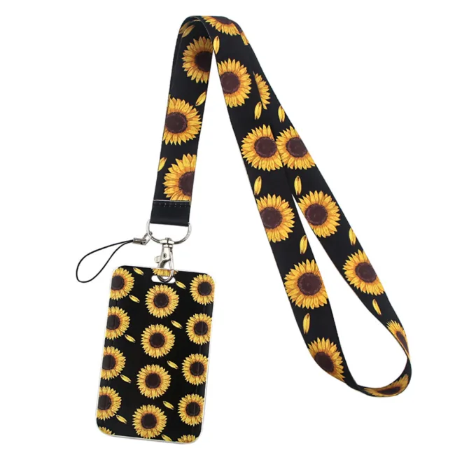 keycord met pashouder zonnebloemen zwart