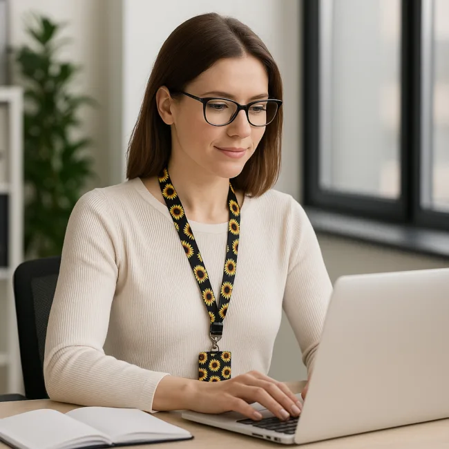 keycord met pashouder zonnebloemen zwart
