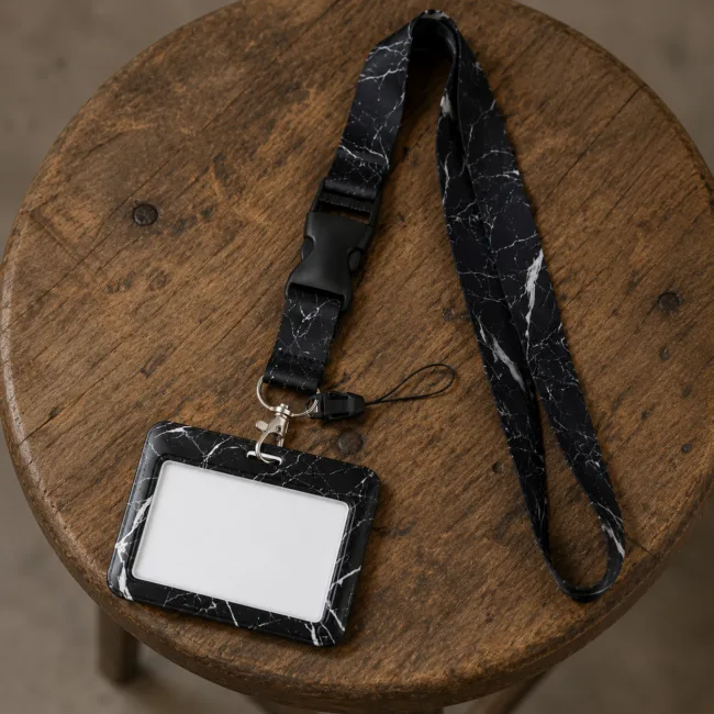 keycord met pashouder horizontaal marmer zwart